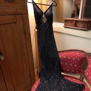 Dress Sequin, Evening gown, Black, Size XS. Scala. 100% Silk. All lining. Strech